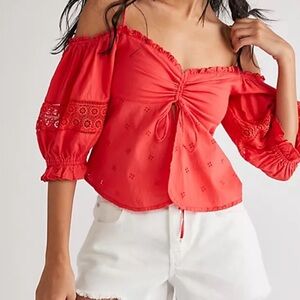 Free People Red Off-Shoulder Eyelet Drawstring Blouse